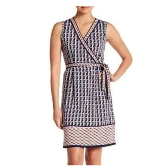 Max Studio Dress Sz XS Sleeveless Blue Red White V Neck Faux Wrap A Line Sheath - Picture 1 of 12